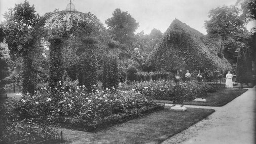 The rose garden and trellis arbour ornamented with model poultry at Waddesdon Manor, Buckinghamshire, pictured in 1897